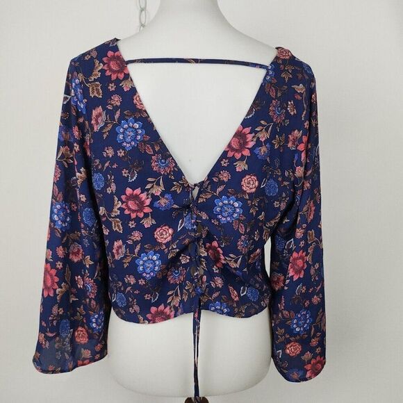 Forever 21 Blue Floral Long Sleeve Corset Back Crop Top V-Neck Bell Sleeve L - Picture 3 of 5